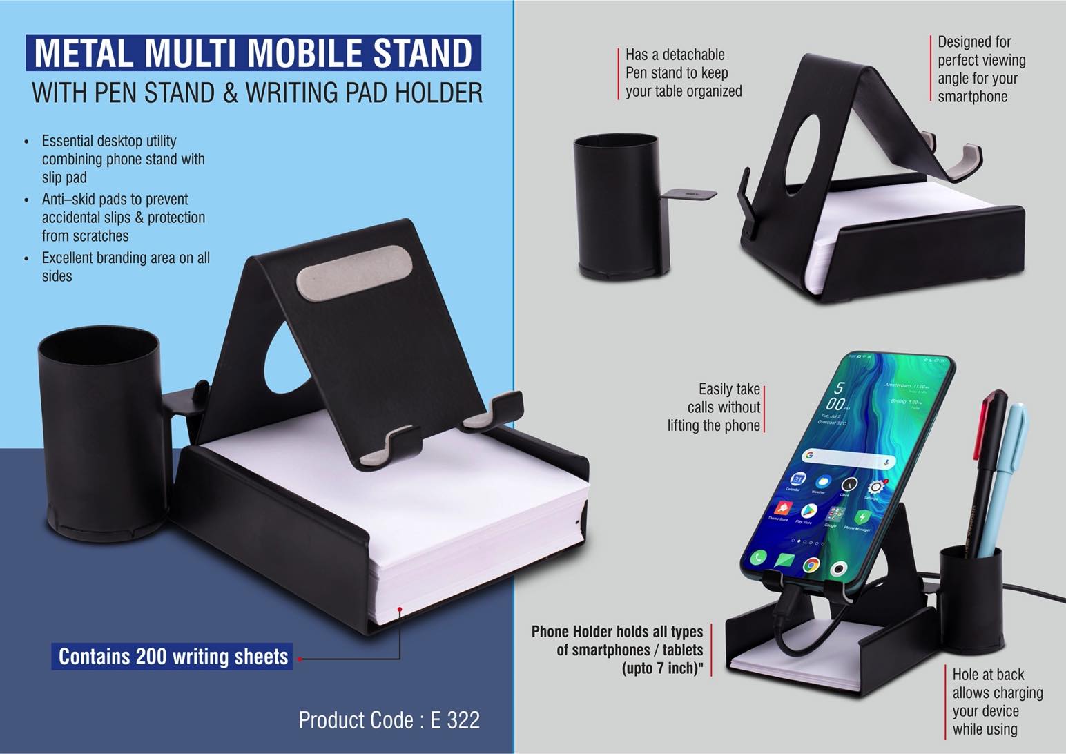 E322 Metal Mobile Stand With Detachable Tumbler And Writing Pad