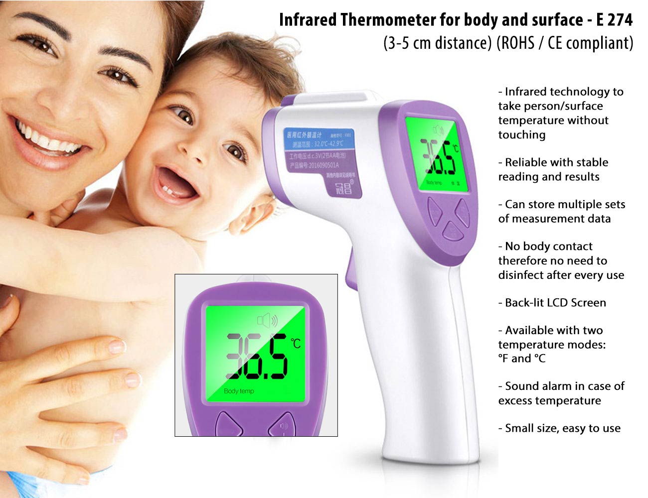 E274 - Infrared IR Thermometer | For body and surface | 3-5 cm distance ...