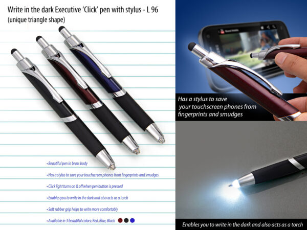 L96 - Write in the dark executive 'Click' pen with stylus (brass body) (Triangle shape)