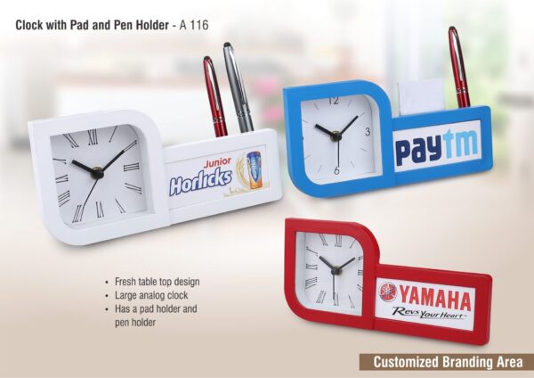 A116 - Clock with pad and pen holder | Branding included MOQ 200 pc