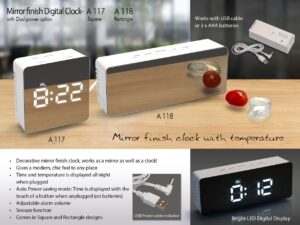 A117 - Mirror finish Digital clock (square) with Temperature (Dual power option) (USB cable included)