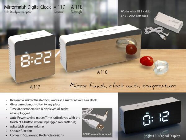 A117 - Mirror finish Digital clock (square) with Temperature (Dual power option) (USB cable included)