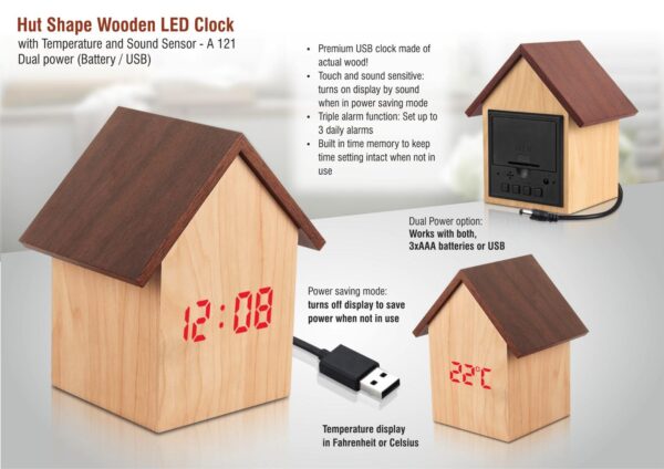 A121 - Hut shape wooden LED clock with temperature and sound sensor | Dual power (Battery / USB)