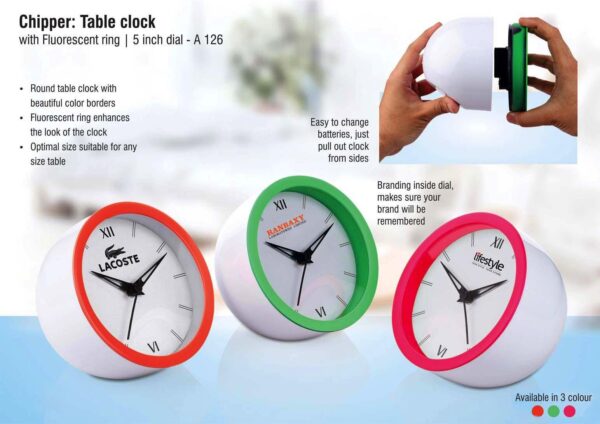 A126 - Chipper: Table clock with Fluorescent ring | 5 inch dial | Branding included MOQ 200pc