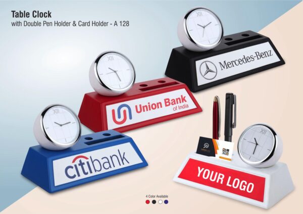 A128 - Table clock with Double pen holder and card holder | Branding included MOQ 200pc