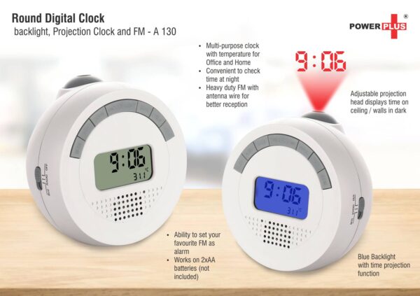 A130 - Round Digital clock with backlight, projection clock and FM