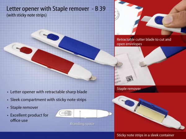 B39 - Letter opener with Staple remover and sticky note strips