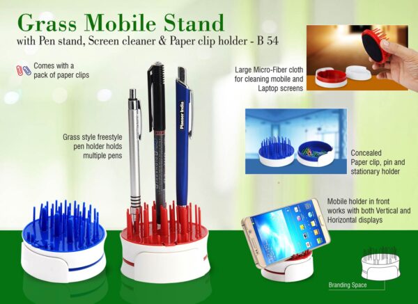 B54 - Grass Mobile stand with Pen stand, screen cleaner & paper clip holder