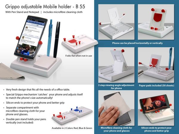 B55 - Grippo Mobile holder with angle adjustment, pen stand, and notepad