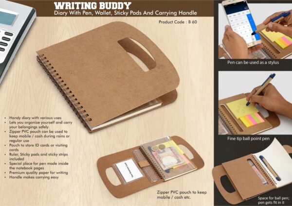 B60 - Writing buddy: Diary with pen, wallet, sticky pads and carrying handle (60 sheets)