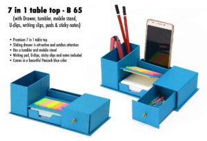B65 - 7 in 1 table top with drawer, tumbler, Mobile stand, U-clips, writing slips, pads and sticky notes