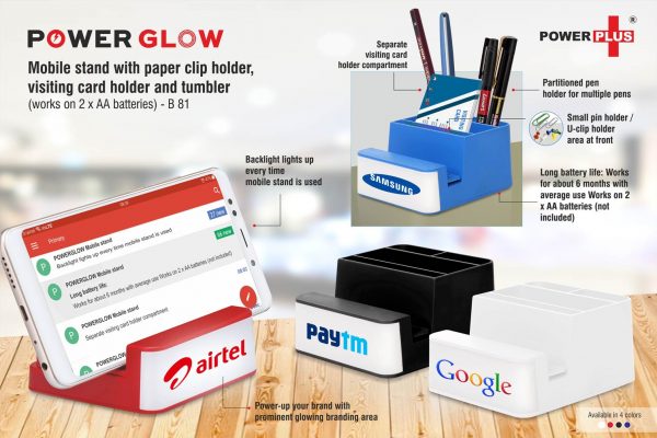 B81 - Powerglow Mobile stand with paper clip holder, visiting card holder and tumbler (works on 2 x AA batteries)