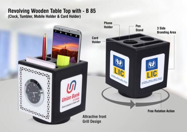 B85 - Revolving wooden table top with Clock, Tumbler, mobile holder and Card holder