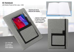 B88 - A5 notebook with mobile pocket & pen loop