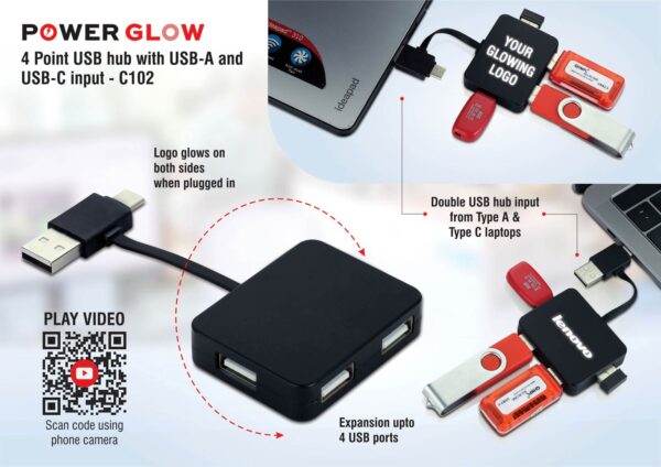 C102 - PowerGlow 4 point USB hub with USB-A and USB-C input | 4 USB ports