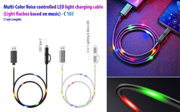 C103 - Voice controlled LED light charging cable (Multicolor) | Light flashes based on music | 1 mtr Length