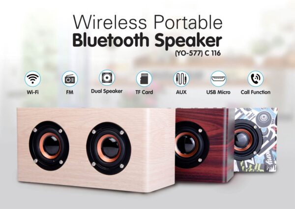 C116 - Wooden Bluetooth Double speaker | with USB / TF card / Aux / FM / Mic in (YO - 577)