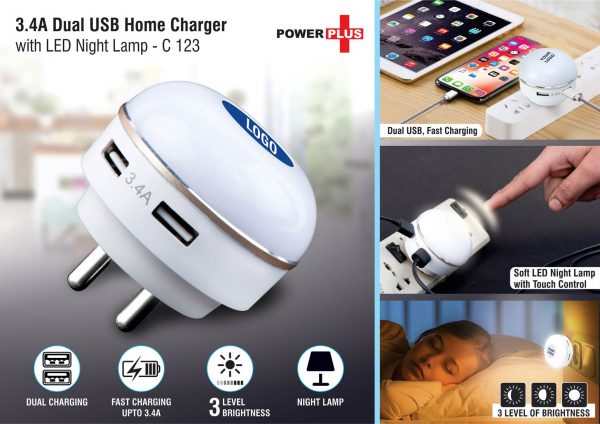 C123 - Dual USB fast charger with night lamp