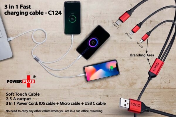 C124 - 3 in 1 Fast charging soft touch cable | 2.5A output (for Micro, Type C and iOS)