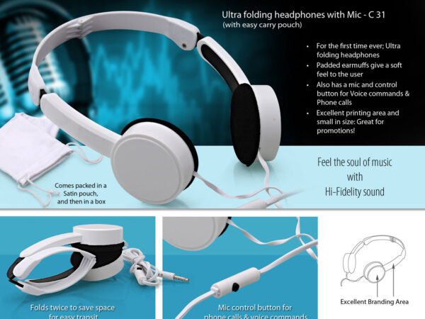 C31 - Ultra Folding Headphones With Mic (With Pouch)