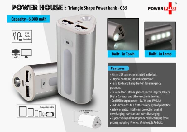 C35 - Power Plus Power House : Triangle shape Power Bank with Lamp and Torch (Dual USB Port) (6000 mAh)