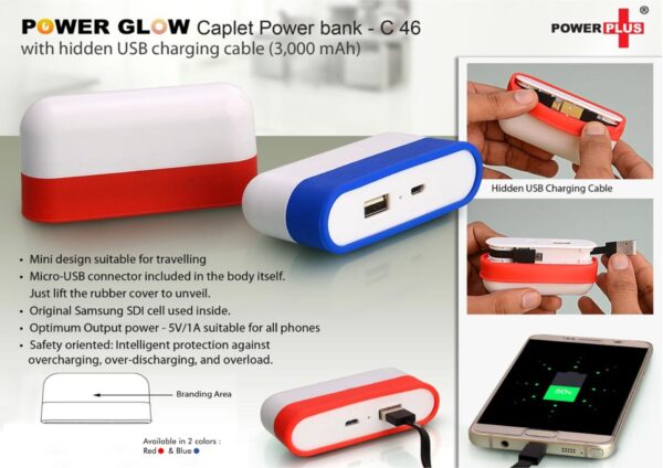 C46 - Caplet Power bank with hidden wire (3,000 mAh)