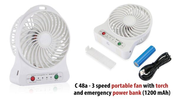 C48a - 3 speed portable fan with torch and emergency power bank (1200 mAh)