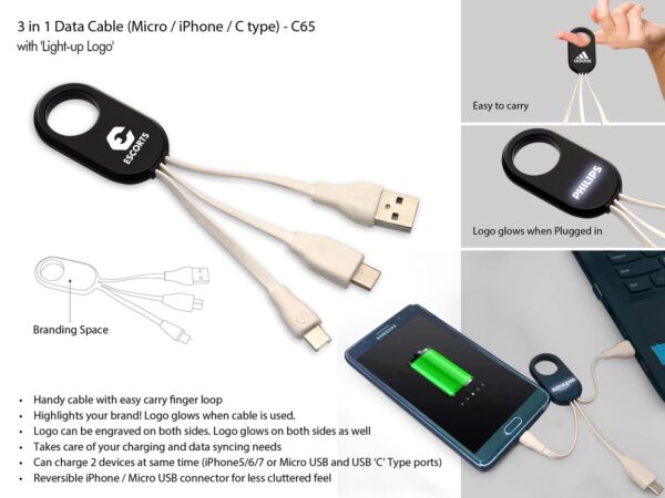 C65 - 3 in 1 Data Cable with Light up logo (Micro / iPhone / C type)