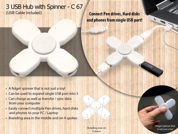 C67 - 3 USB hub with spinner (cable included)