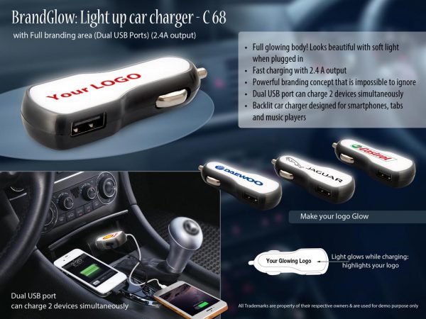 C68 - BrandGlow: Light up car charger with Full branding area (Dual USB Ports) (2.4A output)