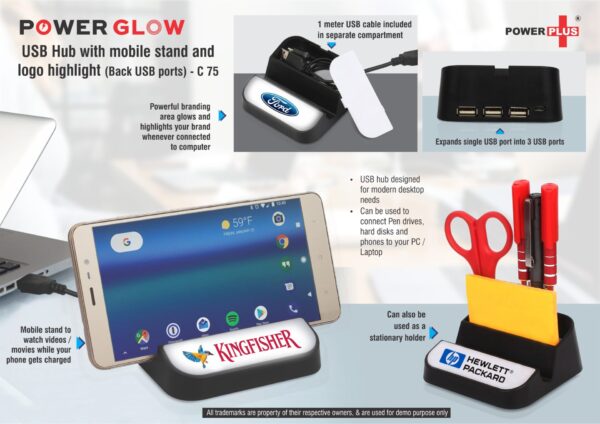 C75 - PowerGlow USB hub with mobile stand and logo highlight (Back USB ports)