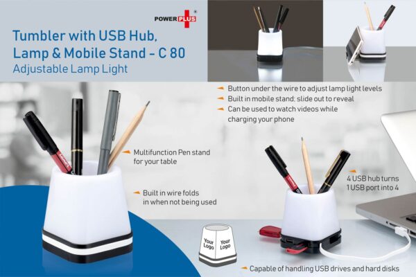 C80 - Tumbler With Usb Hub, Lamp and Mobile stand (adjustable lamp light)