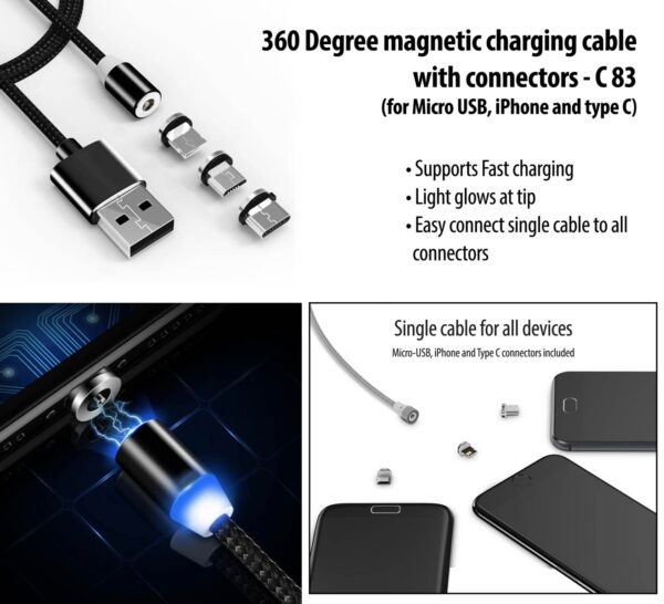 C83 - 360 Degree magnetic charging cable with connectors | Supports Fast charging | Light glow at tip (for Micro USB, iPhone and type C)