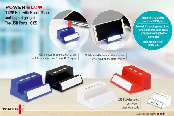 C85 - PowerGlow 3 USB hub with mobile stand and logo highlight (Top USB)