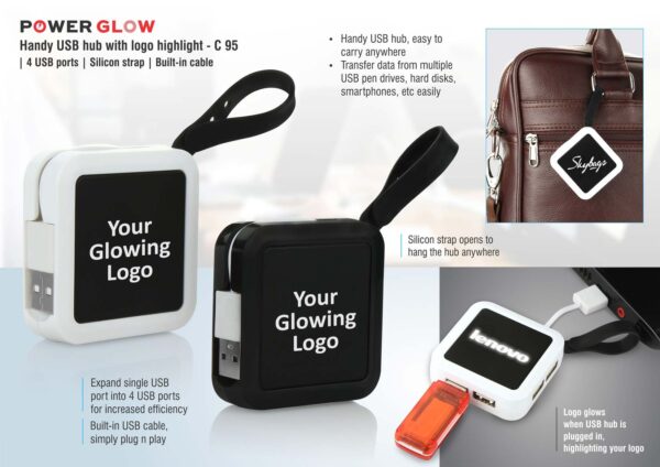 C95 - Powerglow Handy USB hub with logo highlight | 4 USB ports | Silicon strap | Built-in cable