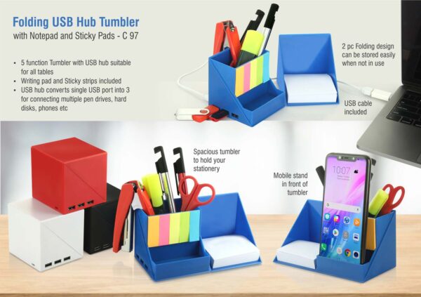 C97 - Folding USB hub tumbler with notepad and sticky pads | 3 USB ports