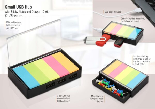 C98 - Small USB hub with sticky notes and drawer | 3 USB ports