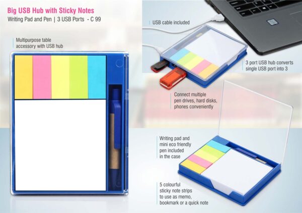 C99 - Big USB hub with sticky notes, writing pad and pen | 3 USB ports