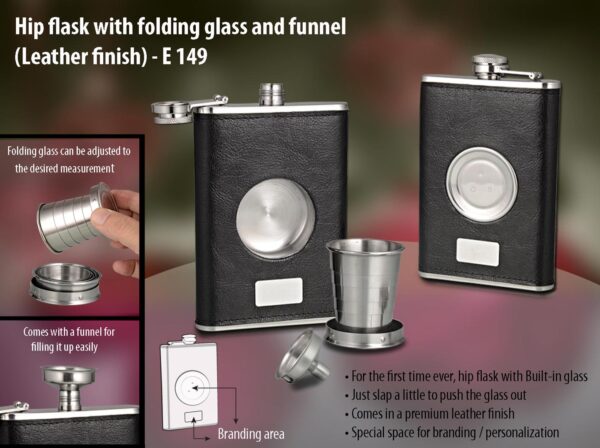 E149 - Hip flask with folding glass and funnel (Leather finish)