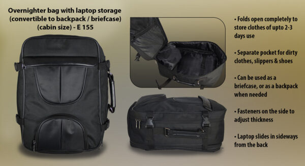 E155 - Overnighter bag with laptop storage (convertible to backpack / briefcase) (cabin size)