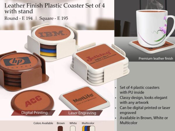 E194 - Leather finish Plastic coaster set of 4 with stand (round)