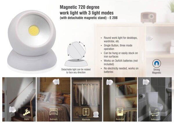 E208 - Magnetic 720 degree work light with 3 light modes (with detachable magnetic stand)