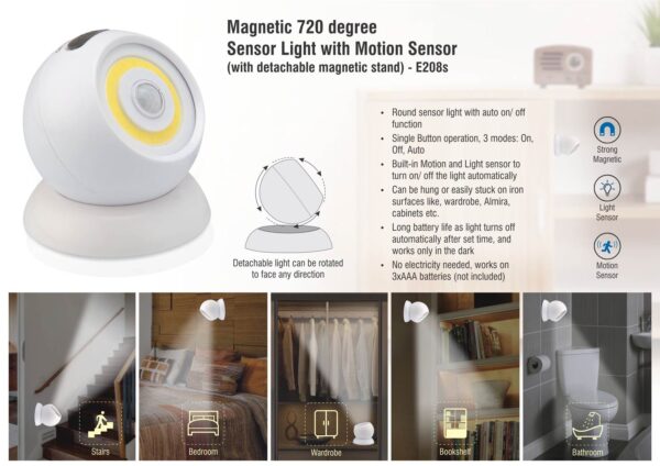 E208s - Magnetic 720 degree Sensor light with motion sensor (with detachable magnetic stand)