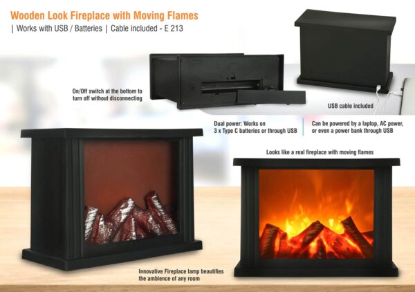 E213 - Wooden look Fireplace with moving flames | Works with USB / Batteries | Cable included