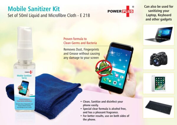 E218 - Power Plus Mobile sanitizer kit (Set of 50ml liquid and microfibre cloth)