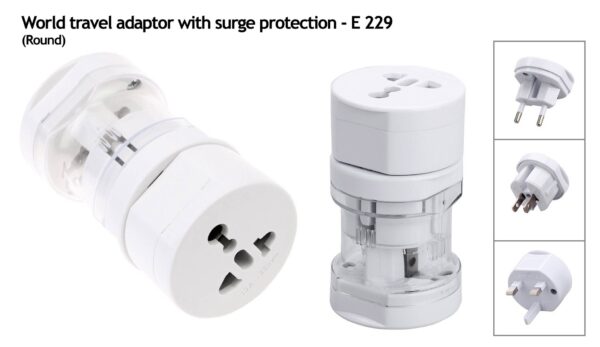 E229 - World travel adaptor with surge protection (round)