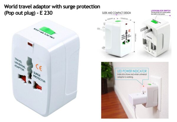 E230 - World travel adaptor with surge protection | Pop out plug (square)