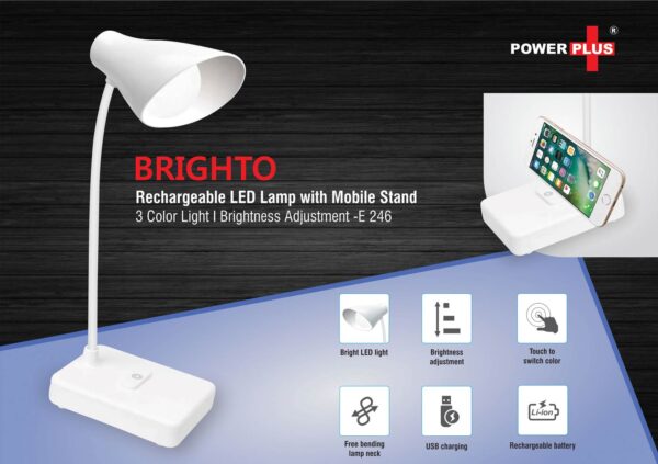 E246 - Brighto Rechargeable LED lamp with mobile stand | 3 Color light | Brightness adjustment