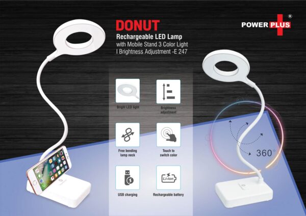 E247 - Donut Rechargeable LED lamp with mobile stand | 3 Color light | Brightness adjustment