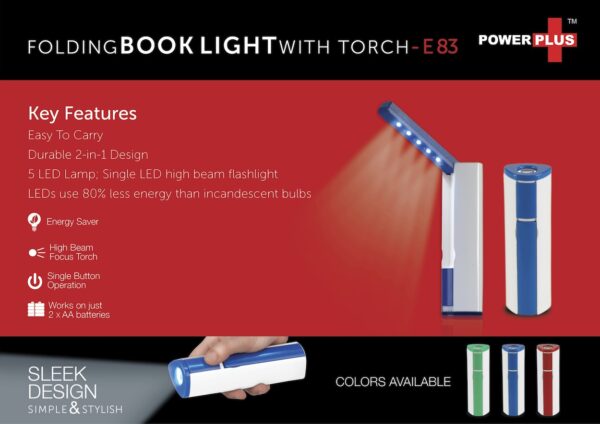 E83 - Power Plus Folding book light with torch (works on 2xAA batteries; not included)